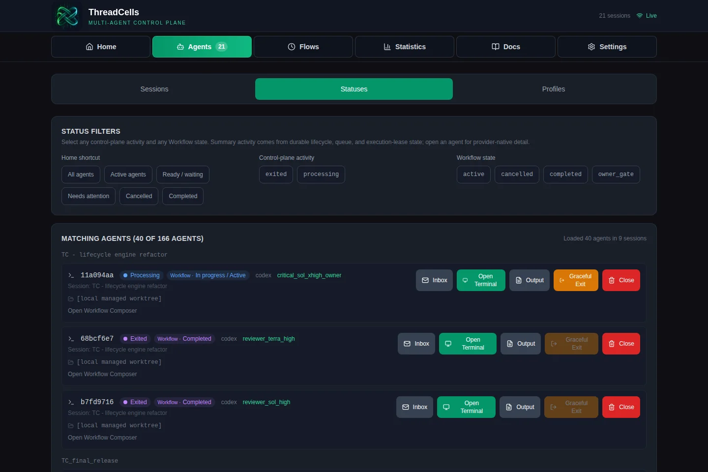 Live Agents status view with local worktree paths removed from the public capture