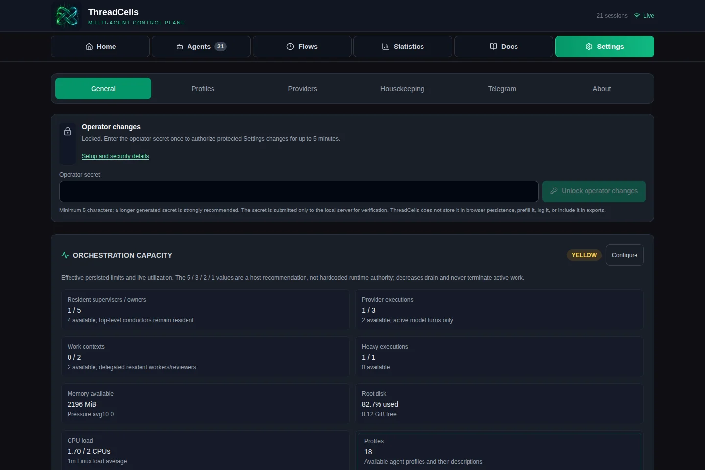 Live Orchestration Capacity showing independent resident, provider, work, and heavy limits
