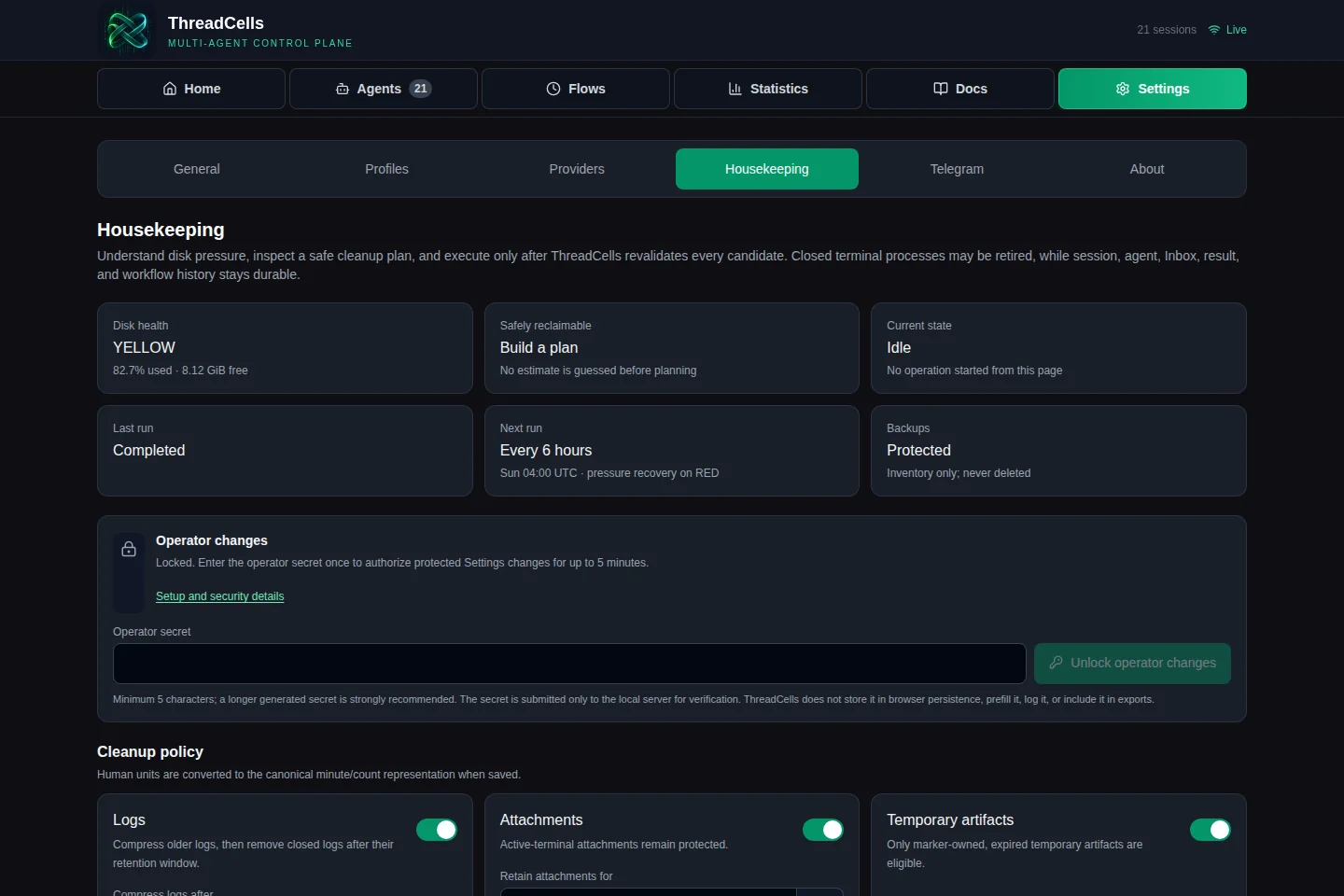 ThreadCells Housekeeping showing disk health, protected backups, schedule, and cleanup policy