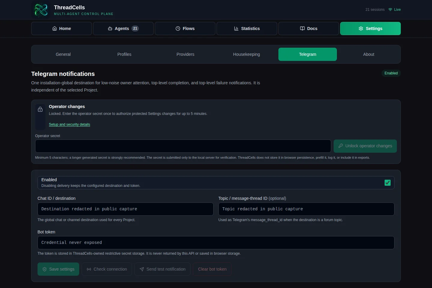 ThreadCells Telegram notification settings with destination and credential fields visibly redacted